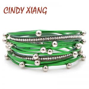 CINDY XIANG 2 Colors Avaibale Rhinestone Leather Bracelets For Women Summer Style Fashion Multi-layer Bangles Cuff Bangle Gift