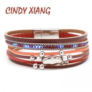 CINDY XIANG 3 Colors Available Rhinestone Leather Bracelets For Women And Men Unisex Fashion Cuff Bangles Multi-layer Bracelets