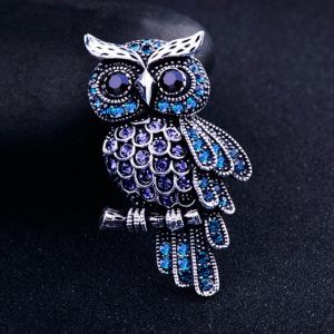 Ancient Women's Men's Owl Korean Zinc Alloy Trendy Imitation Rhinestone Blue Brooch Badge Christmas Gifts Accessories